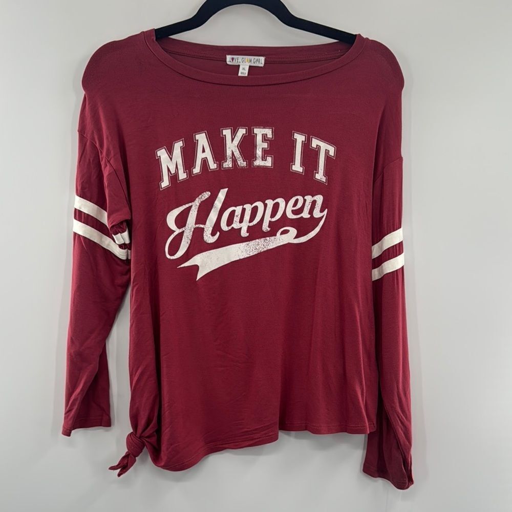3For$20 Love Glamgirl Burgundy White Long sleeve knot Tee size XL